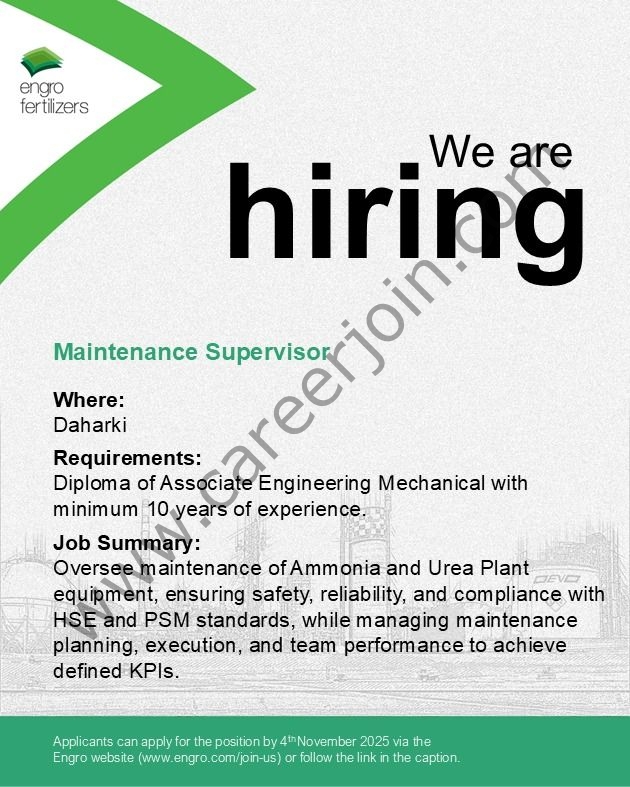 Engro Fertilizers Limited Jobs Maintenance Supervisor 