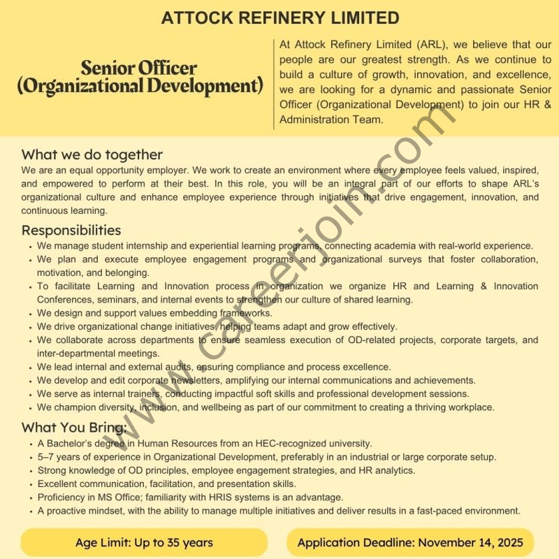 Attock Refinery Limited Jobs Senior Officer (Organizational Development) 6 Attock Refinery 1