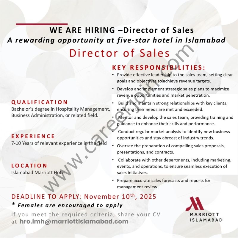 Islamabad Marriott Hotel Jobs Director of Sales 6 Marriott