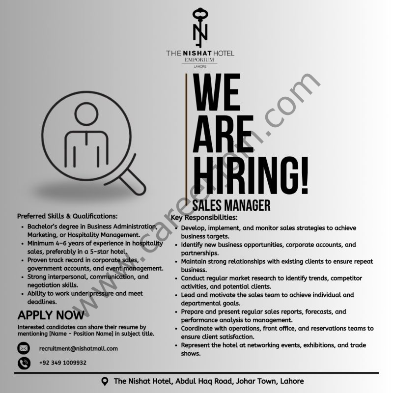 The Nishat Hotel Jobs Sales Manager 6 NIshat Hotel Properties