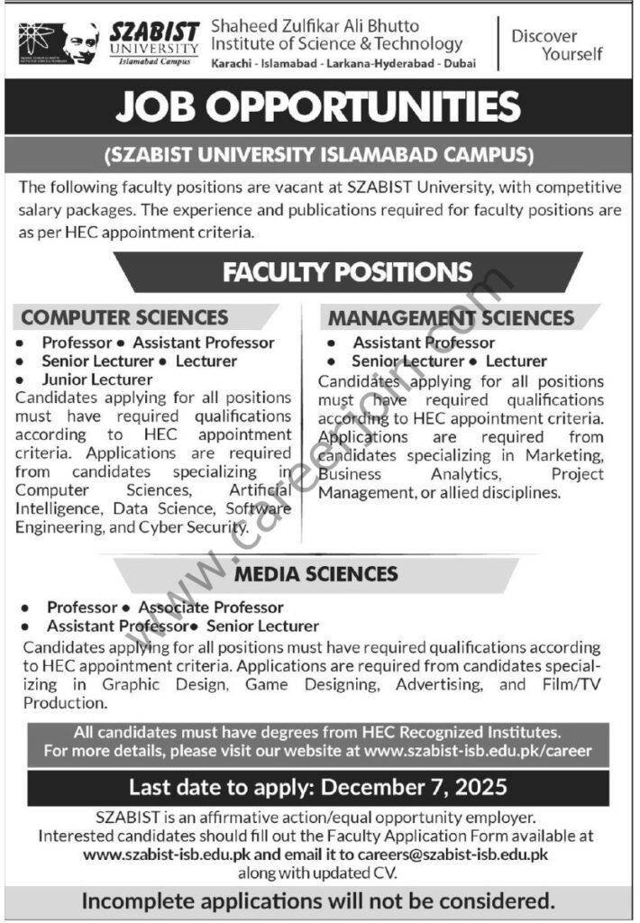 SZABIST University Jobs 23 November 2025 Express Tribune 832x1200 1