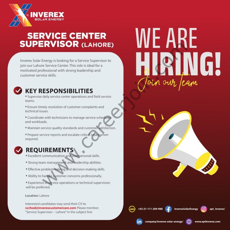 Inverex Solar Energy Jobs Service Center Supervisor 3 INverex Pakistan
