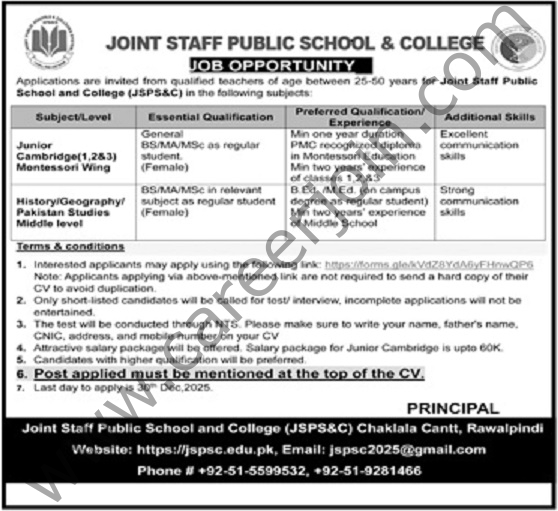 Joint Staff Public School College Jobs 21 December 2025 Jang