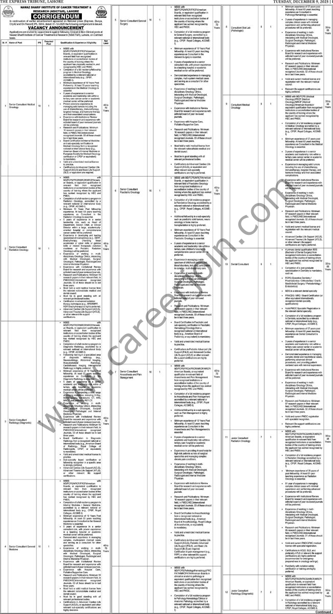 Nawaz Sharif Institute of Cancer Treatment Research Lahore Jobs 09 December 2025 Express Tribune 651x1200 1