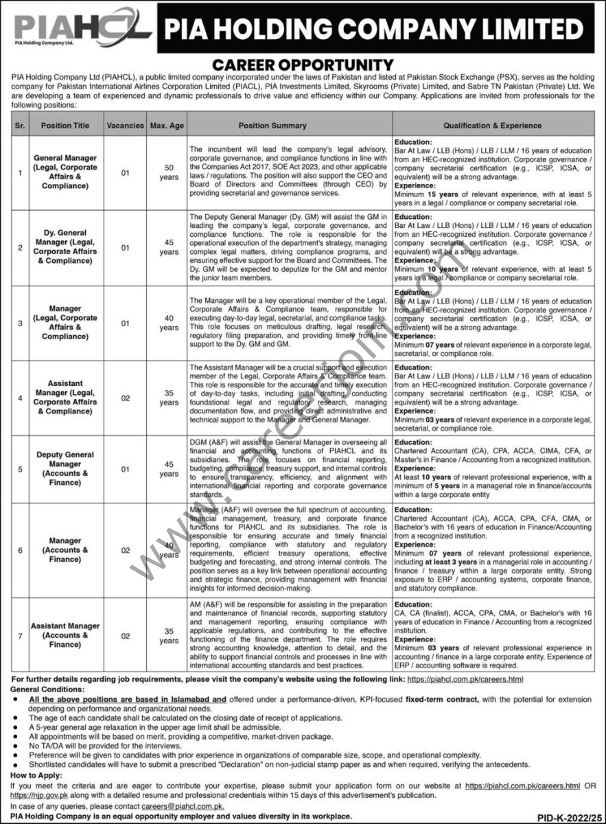 PIA Holding Co Ltd PIAHCL Jobs December 2025
