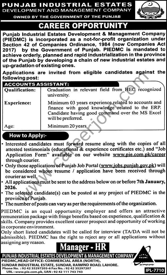Punjab Industrial Estate Development & Management Co PIEDMC Jobs Accounts Assistant 4 Punjab Industrial Estate Development Management Co PIEDMC Jobs 21 December 2025