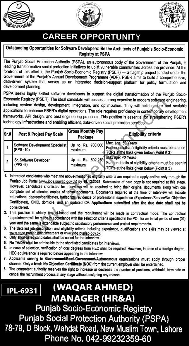 Punjab Social Protection Authority PSPA Jobs 30 November 2025