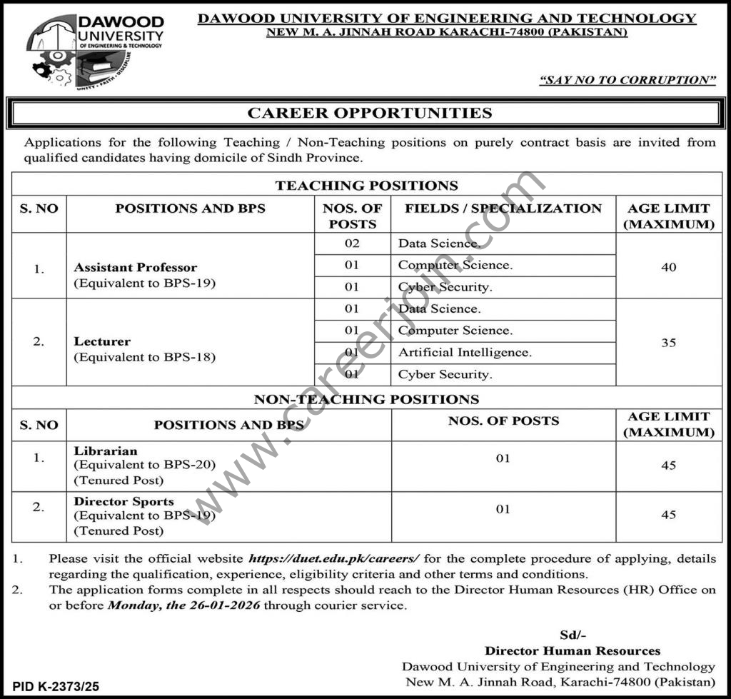 Dawood University Of Engineering Technology Jobs 13 January 2026