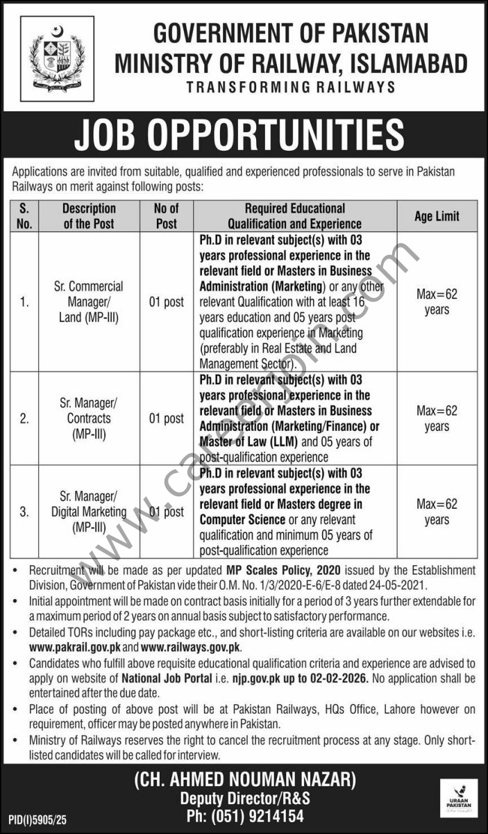 Ministry Of Railway Islamabad Jobs 18 January 2026 Express 703x1200 1