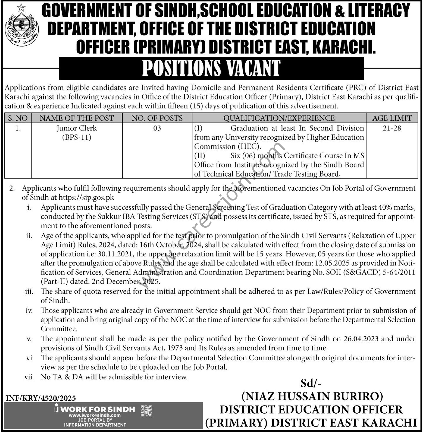 School Education Literacy Dept Sindh Jobs 31 December 2025