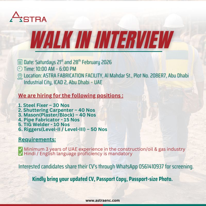 ASTRA Engineering Walk in Interview in Abu Dhabi 3 ASTRA Engineering Walk in Interview in Abu Dhabi
