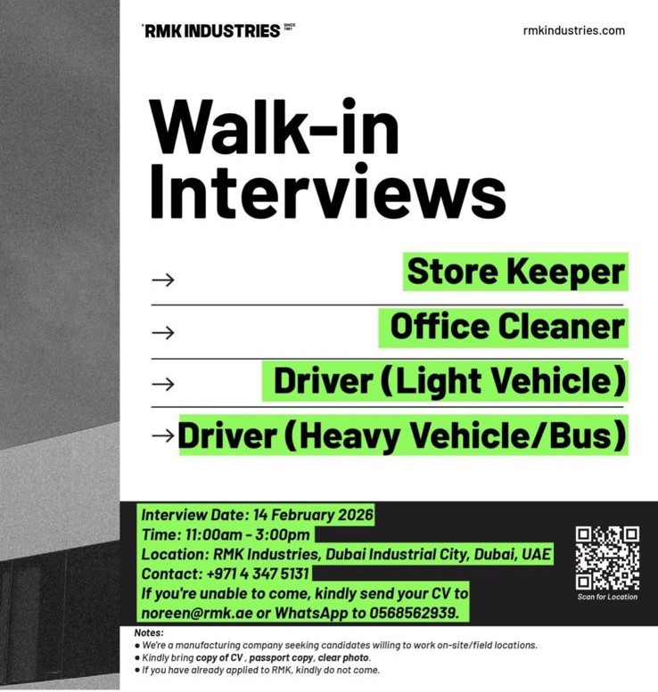 RMK Industries Walk in Interview in Dubai