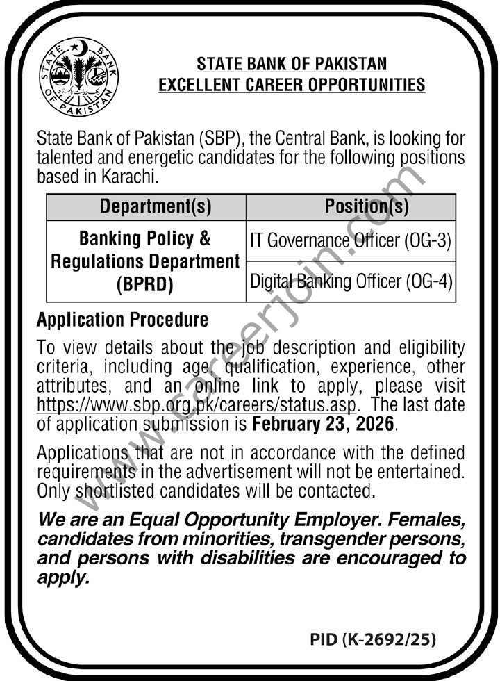 State Bank of Pakistan SBP Jobs 08 February 2026 Express Tribune