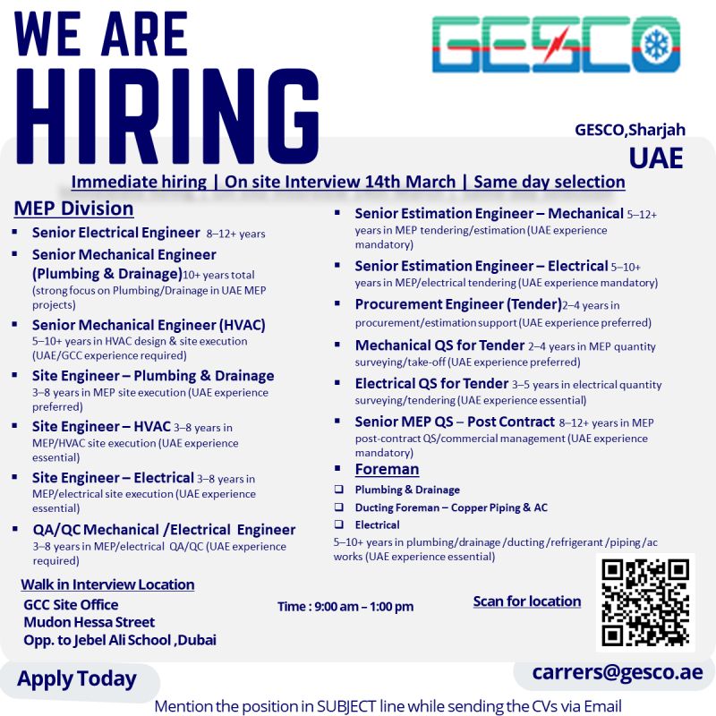 GESCO Walk in Interview in Dubai
