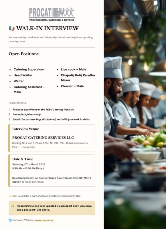 Procat Catering Services Walk in Interview in Dubai 1 580x800 1