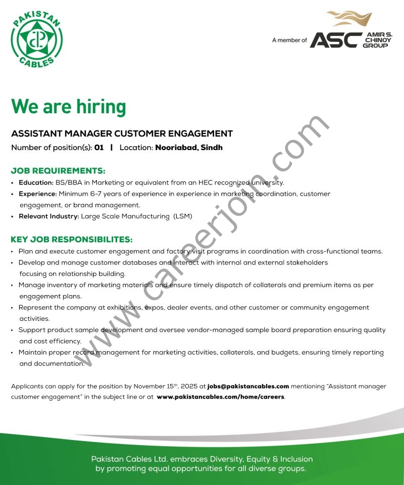 Pakistan Cables Limited Jobs Assistant Manager Customer Customer Management 6 Pakistan Cables Limited