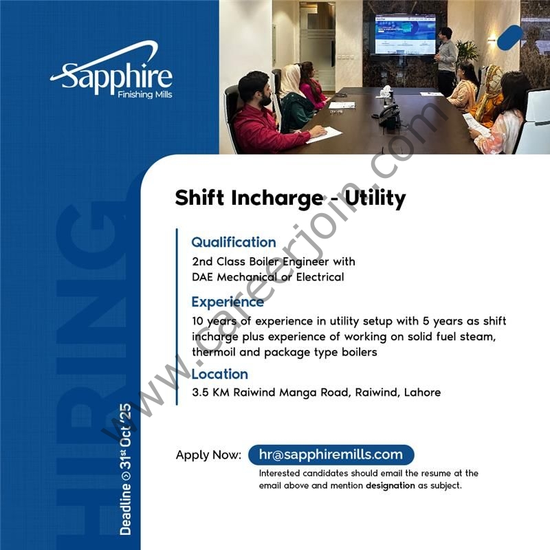 Sapphire Finishing Mills Jobs Shift Incharge Utility 6 Sapphire Mills