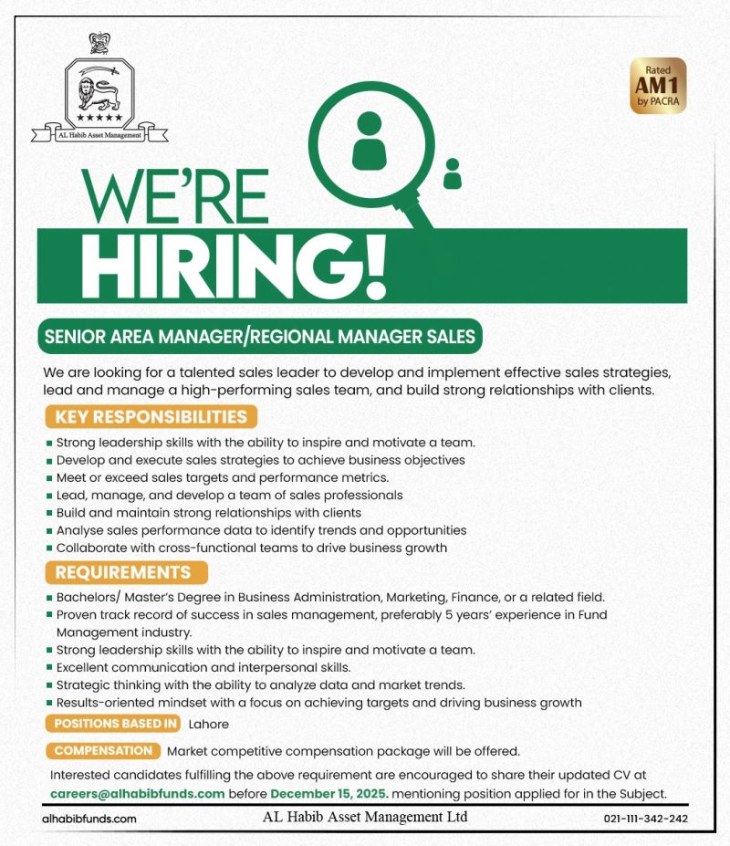 AL Habib Asset Management Limited Jobs Senior Area Manager / Regional Manager Sales 4 Al Habib Funs 1