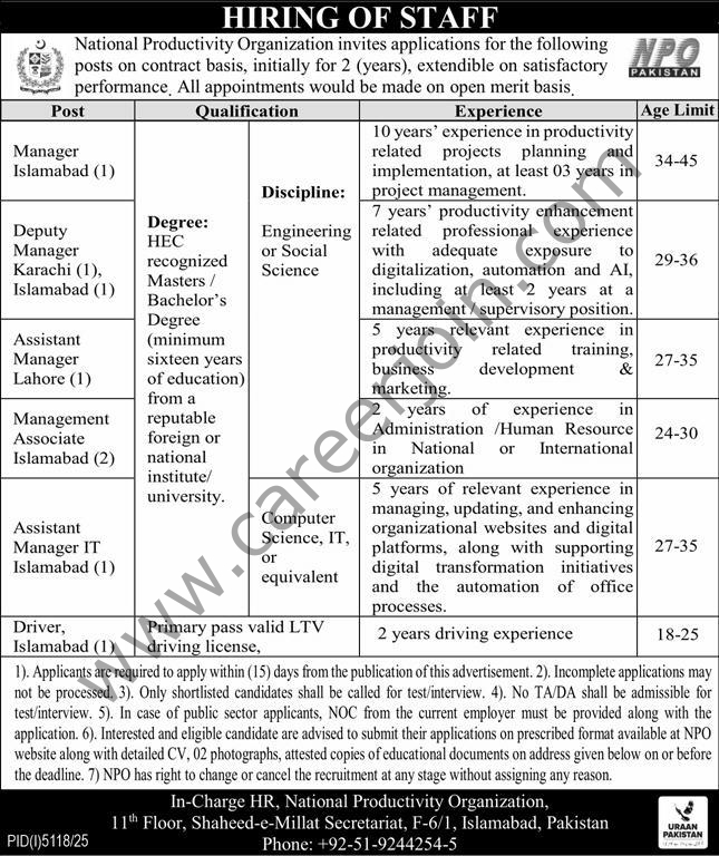 National Productivity Organization Jobs 21 December 2025