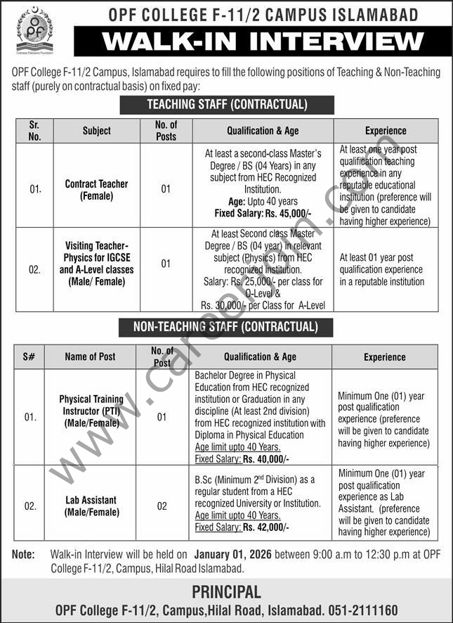 OPF College Campus Islamabad Jobs 25 December 2025