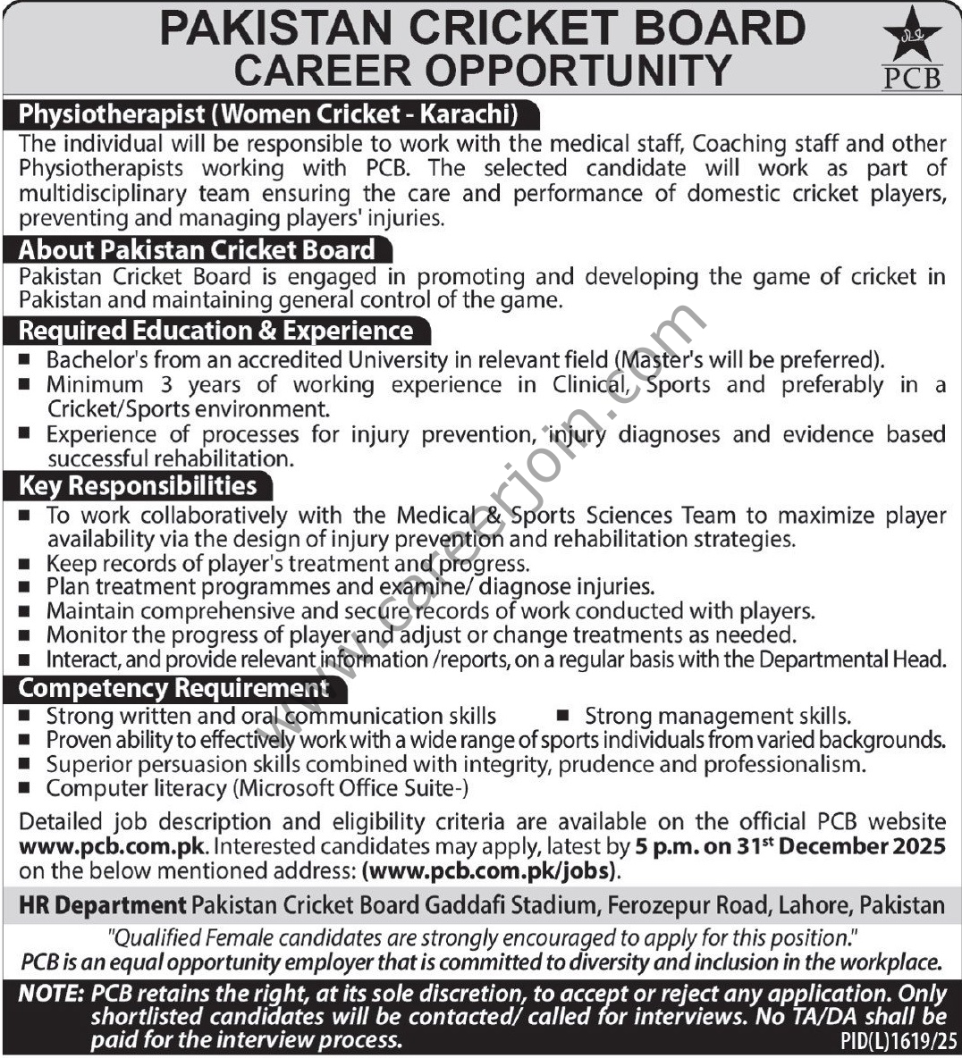 Pakistan Cricket Board PCB Jobs Physiotherapist 4 Pakistan Cricket Board PCB Jobs 17 December 2025 Express Tribune