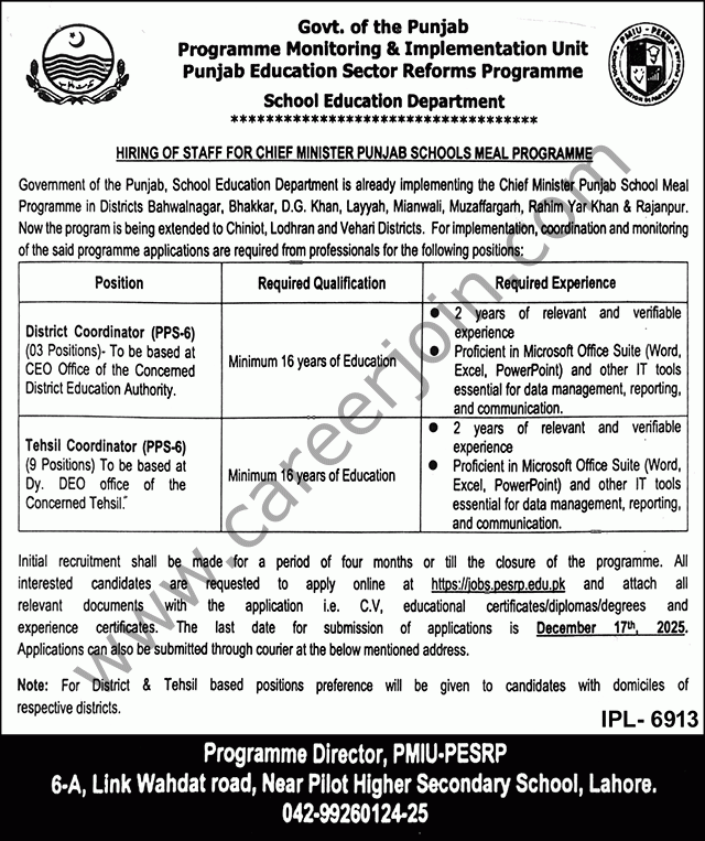 School Education Dept Punjab Jobs 01 December 2025 Nawaiwaqt