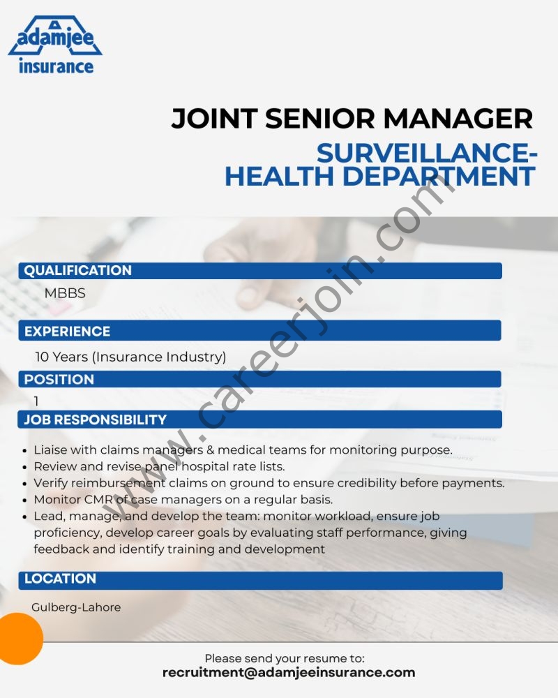 Adamjee Insurance Company Jobs Joint Sr Manager Surveillance 4 Adamjee Life