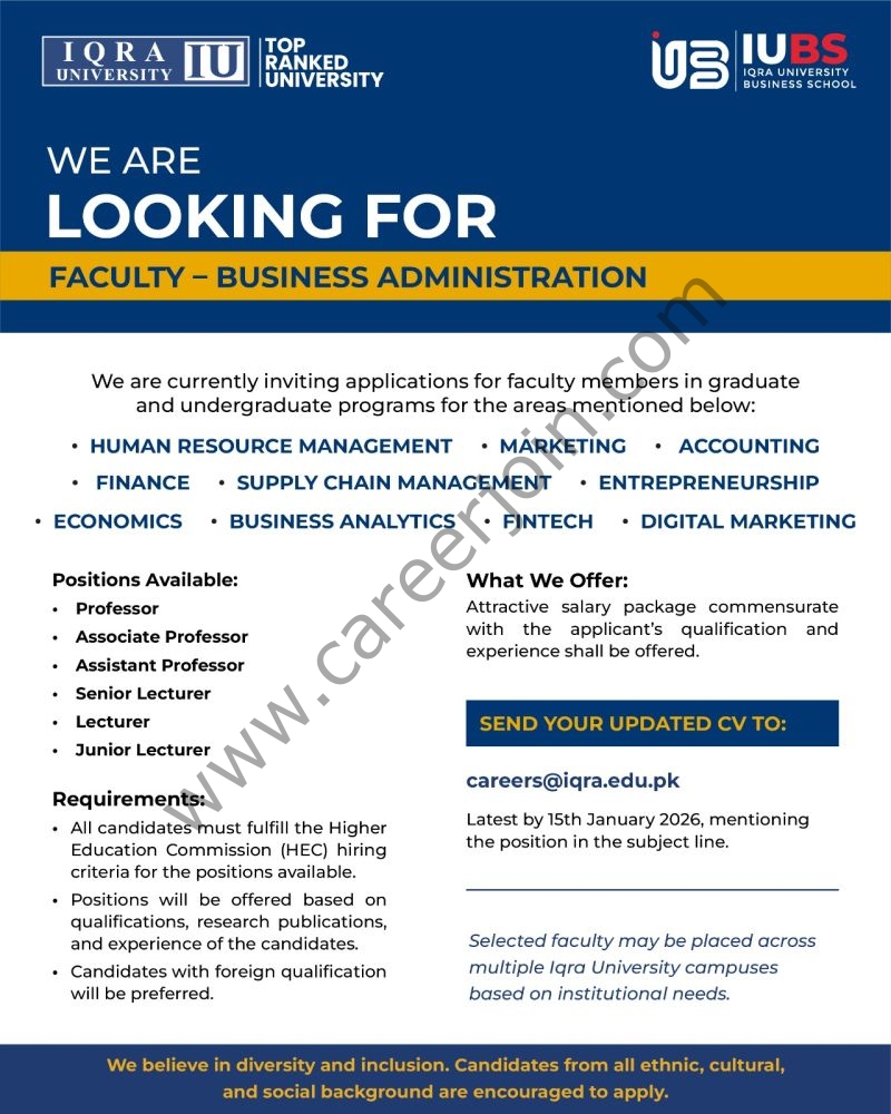 Iqra University IU Jobs January 2026 4 Iqra University