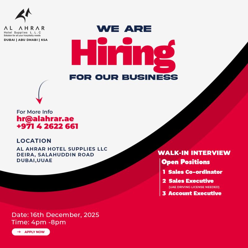 Al Ahrar Hotel Supplies Walk in Interview in Dubai